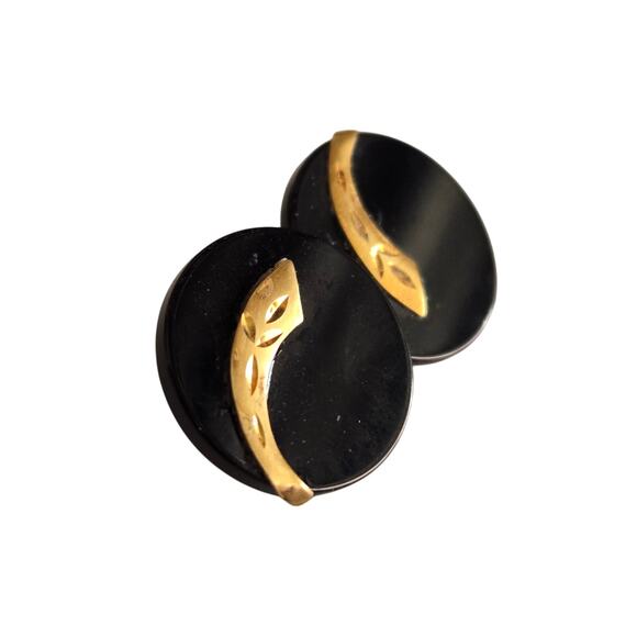 VTG 10K Yellow Gold Leaf Etched Black Resin Modernist Statement Stud Earrings - Picture 2 of 7